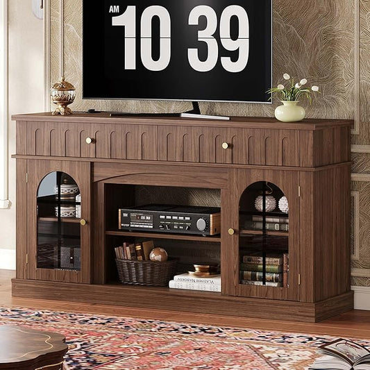 IRONCK TV Stand for 65 Inch TV, Entertainment Center with Charging Station and and Fireplace Mantel, Arched Design, Mid Century Modern TV Stands for Living Room and Bedroom, Walnut Brown