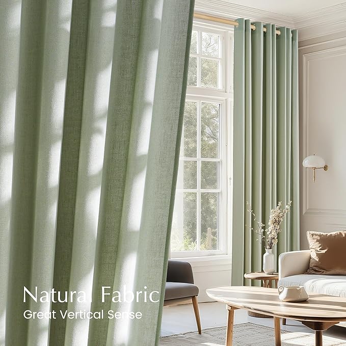 NICETOWN Thick Linen Greyish Green Curtains 84 inches Long for Bedroom, Grommet Linen Blend Semi Sheer Privacy Added Flax Light Filtering Window Treatments for Farmhouse, W55 x L84