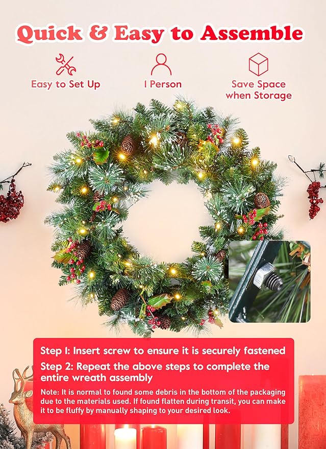 24 Inch Prelit Christmas Wreath for Front Door, Battery Operated LED Light Christmas Wreath with Pine Cones, Red Berry Clusters, Branches and Leaves, Lighted Wreath Wall Windows Decoration