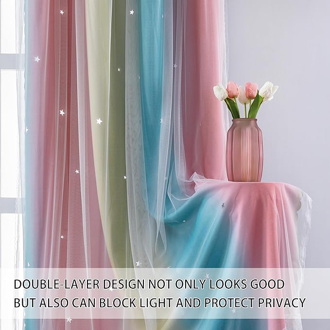 XiDi Dream Star Blackout Curtains for Kids Rooms Girl Princess Curtain for Daughter Bedroom Window (Pink Blue, W52 X L96)