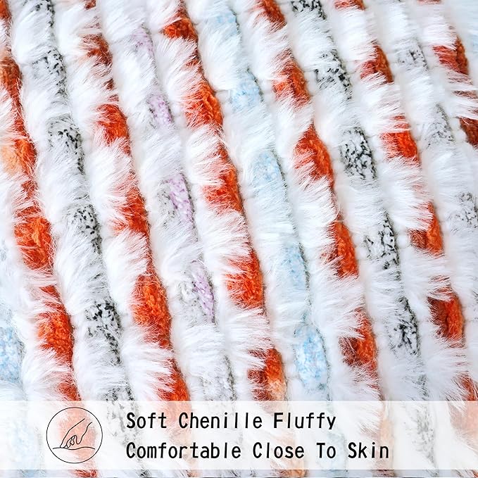 Boho Chenille Tufted Pillow Cover 20x20 Inch Set of 1, Farmhouse Striped Decorative Pillow Covers Accent Fluffy Neutral Square Pillowcases for Couch Sofa Bedroom Living Room, Orange White