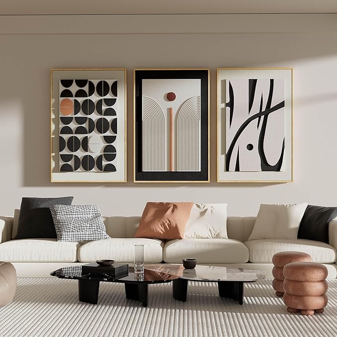 Framed Abstract 3D Textured Wall Art for Living Room, 3 Piece Modern Geometric Artwork for Walls, Boho Black White Texture Pictures for Bedroom Dining Room Office Wall Decor 20x30 In