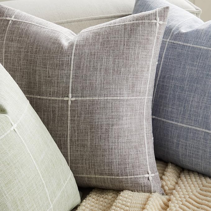 2 Packs Grid Embroidery Throw Pillow Covers, 22x22 Inch Blue, Farmhouse Linen Decorative Dusty Blue Cushion Covers for Sofa Bed Living Room Home Decor