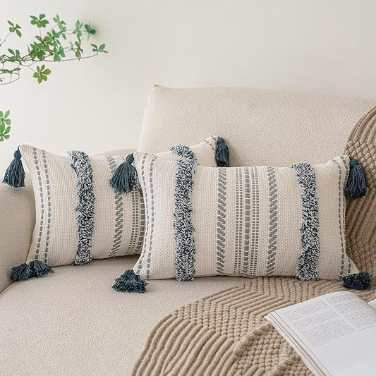 Boho Throw Pillow Covers 12x20 Set of 2 Woven Tufted Farmhouse Pillows Cover with Tassels Textured Striped Cushion Case Lumbar Pillow Cases Decorative Pillowcase for Sofa, Couch, Bed, Dark Blue