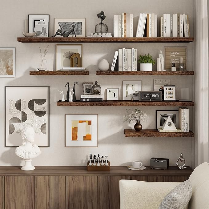 Fun Memories 55 Inch Floating Shelves for Wall 2 Pack Shelves for Bedroom|Kitchen|Bathroom Wall Mounted Rustic Wood Floating Shelf with Invisible Brackets for Books|Storage|Decor, Rustic Brown