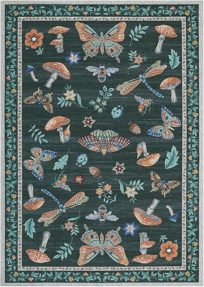 Mushroom 10x13 Area Rug for Living Room Washable Non Slip Forest Soft Low-Pile Stain Resistant Thin Large Throw Carpet for Bedroom Dining Room Office Black