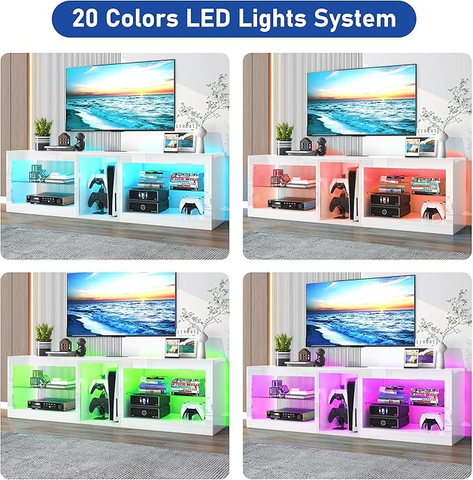 Vinctik 6&Fox LED TV Stands w/Power Outlet,60,00-Colors Lighting for 65 70in TV, 63" Modern High Gloss Entertainment Center,TV Console W/Adjustable Glass Shelves for Living Room Game Bedroom (White)