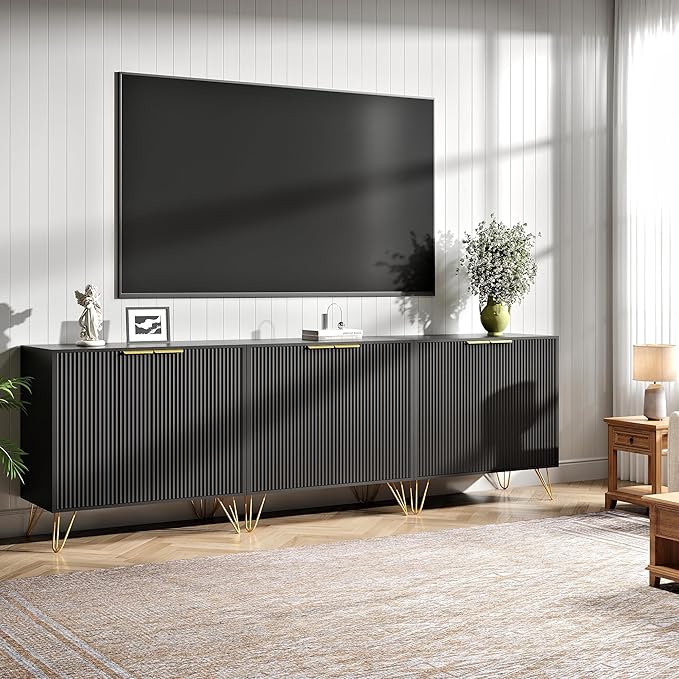 Fluted TV Stand for 90 Inch TV,Modern Black and Gold TV Stand,TV Console Entertainment Center with 3 Storage Cabinets,Adjustable Shelves & Gold Handles,Wood Media Cabinet for Living Room