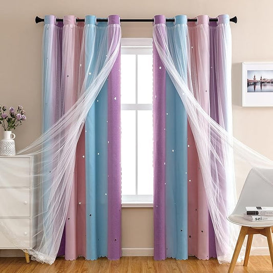 XiDi Pink & Purple Curtains, Unicorn Wall Decals for Kids & Toddler Rooms, 108 Inches Long, 52 Inches Wide