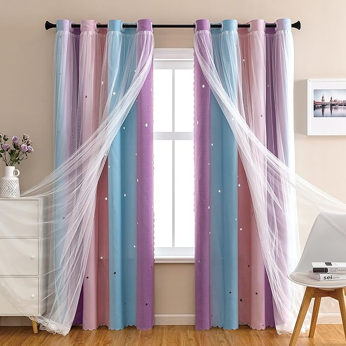 XiDi Dream Star Blackout Curtains for Kids Rooms Girl Princess Curtain for Daughter Bedroom Window (Pink Purple, W34 X L84)