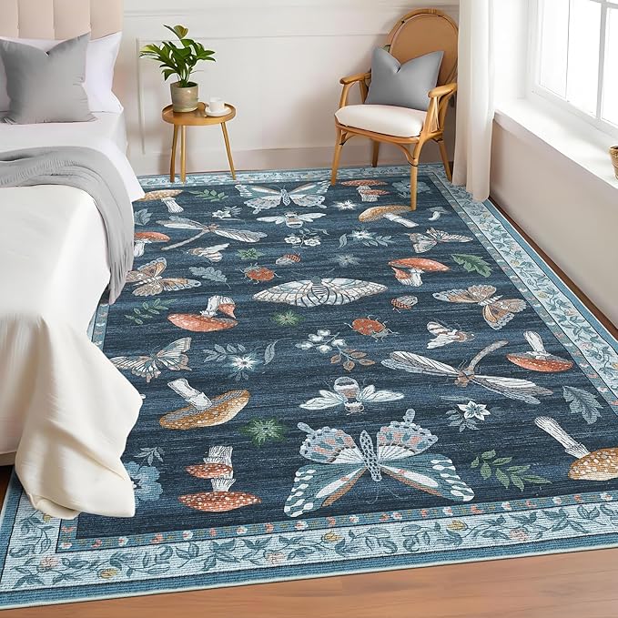 Mushroom Washable Area Rug 6x9 Rugs for Living Room Soft Low-Pile Stain Resistant Thin Carpet for Bedroom Dining Nursery Non Slip Mat with Rubber Blue
