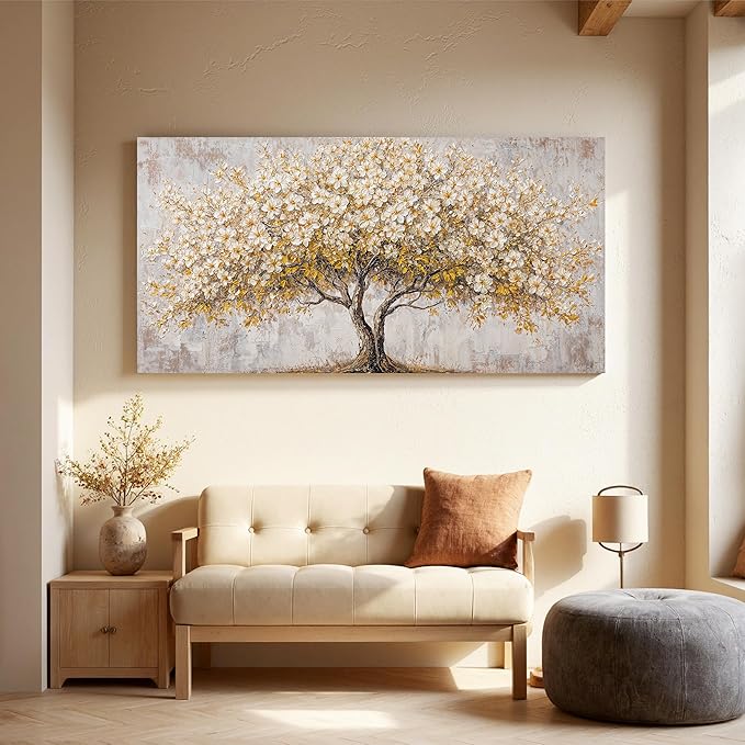 Canvas Wall Art Decor White Tree Of Life Wall Canvas Art For Living Room Pictures Wall Decor Golden Vintage Art Prints Decorative Painting Artwork For Bedroom Office Room Wall Decor 20×40 Inch