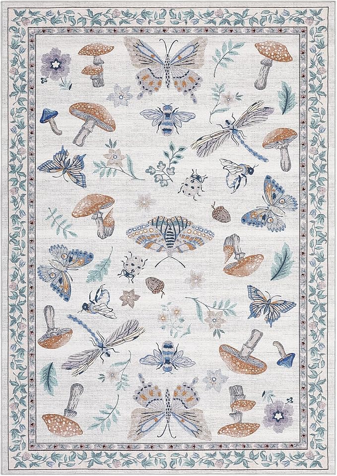 Mushroom Washable 8x10 Rug for Living Room Non Slip 8 x 10 Rug for Bedroom with Rubber Back Soft Low-Pile Stain Resistant Foldable Large Carpet for Office Nursery Dining Room Beige