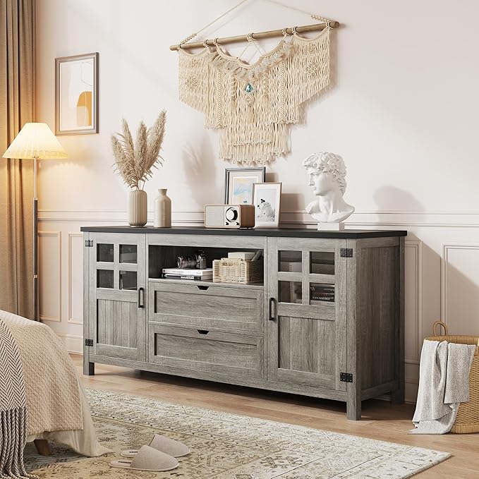 65 Inch TV Stand, Entertainment Center with Storage Cabinets, Mid Century Modern TV Console, Fits TVs up to 75" for Living Room & Bedroom (Classical Grey)