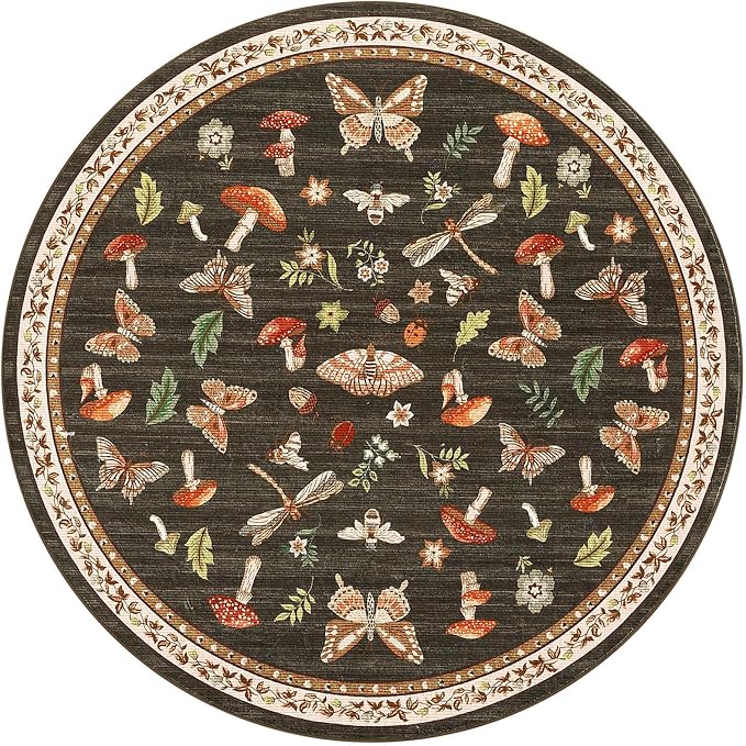 Mushroom Insect 5ft Round Rug Washable Non-Slip Soft Ultra-Thin Small Boho Circle Carpet for Entryway Kitchen Bedroom Nursery Dining Room Brown