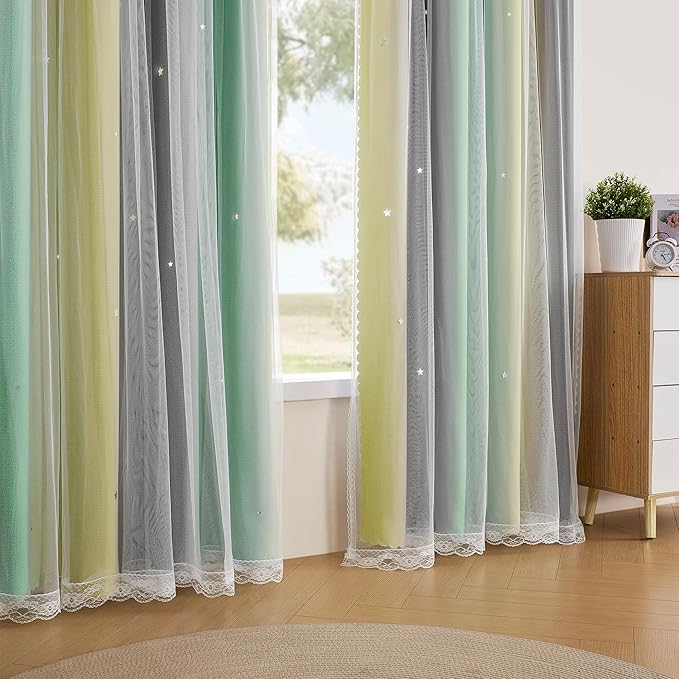 XiDi Yellow & Rainbow Curtains for Kids & Girls Room - Blackout, Grey & Green 34x63 Inch Long