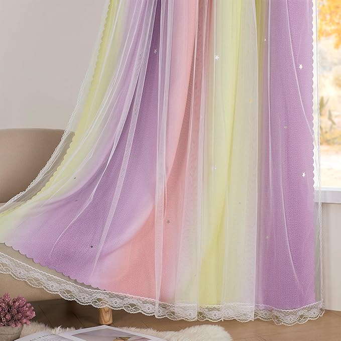 XiDi Pink Yellow Curtains for Bedroom Decor Blackout Curtains for Girls Kids Room Rainbow Unicorn Wall Decals 34X63 Inch Long 1 Panel