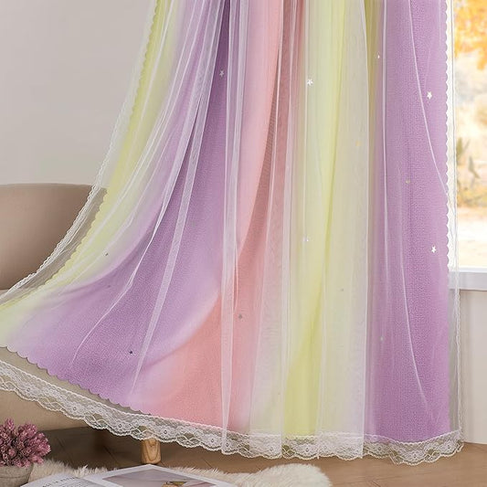 XiDi Curtains for Bedroom Decor, Rainbow Pink PurpleYellow34/90/1