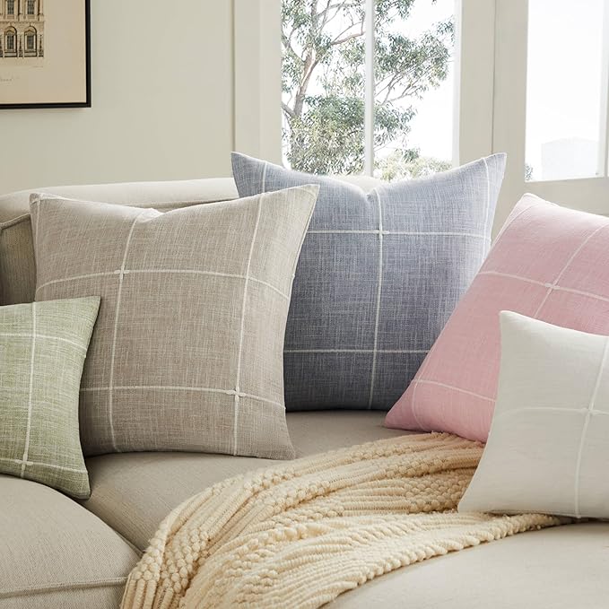 2 Packs Grid Embroidery Throw Pillow Covers, 22x22 Inch Blue, Farmhouse Linen Decorative Dusty Blue Cushion Covers for Sofa Bed Living Room Home Decor