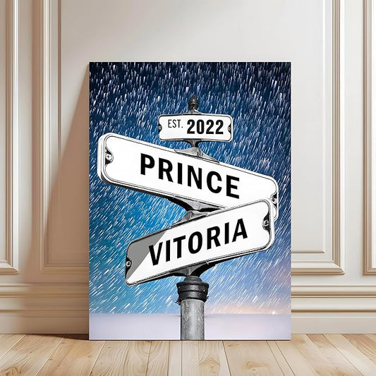 Personalized Vintage Street Sign For Couples Canvas, Custom Engagement Gift For Couple, Crossroads Wedding Date Names Street Signs Sunset Beach, Custom Name Intersection Sign Poster Wall art (BG17)