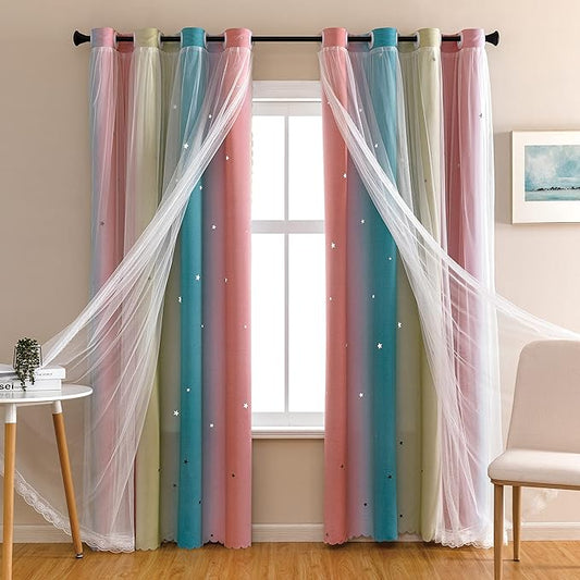 XiDi Dream Star Blackout Curtains for Kids Rooms Girl Princess Curtain for Daughter Bedroom Window (Pink Blue, W34 X L84)