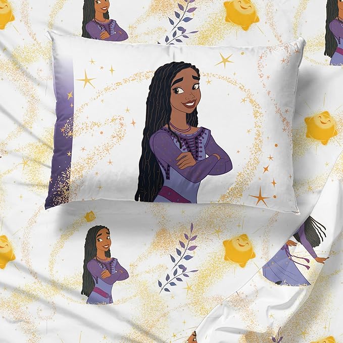 Jay Franco Disney Wish Twin Comforter Set - 5 Piece Bed Set Includes Sheet Set & Pillow Covers - Super Soft Kids Bedding Features Asha, Valentino & Star