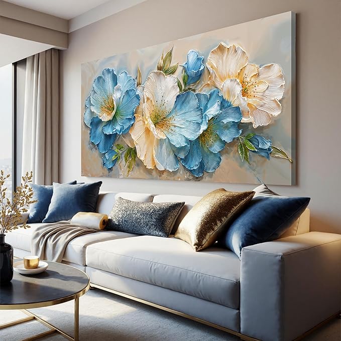 Canvas Wall Art Decor large White Blue Flower Art pictures for living room wall Green Botanical Wall Art Decor Paintings Prints Modern Aesthetics Wall Art For Bedroom Office Room Wall Decor 24×48Inch