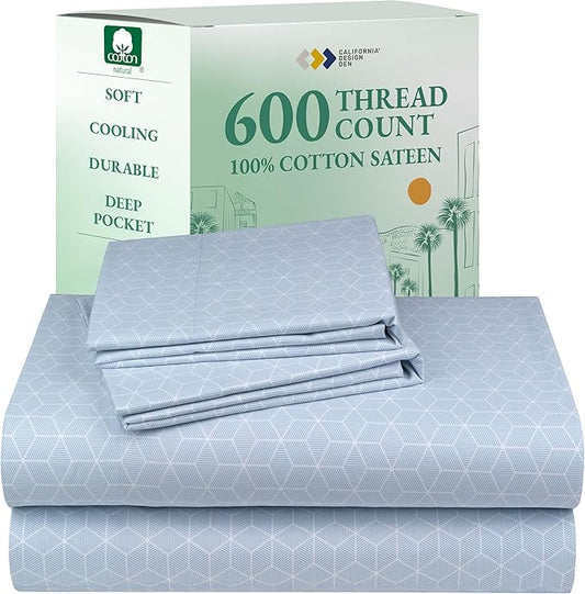 California Design Den King Size Sheet Set - 100% Cotton, 600 Thread Count, Deep Pocket King Sheets, Premium-Feel Bedding with Sateen Weave - Urban Geometric Print