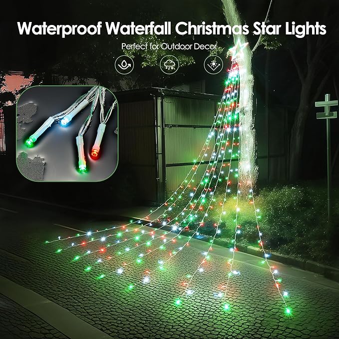 WBao Outdoor Christmas Decorations with 12" Star Topper, 344 LED 11.9ft Waterfall Christmas Lights, Remote Control 8 Modes, 3 Timers, UL Listed Waterproof for Tree Roof Porch Decor, Red Green White