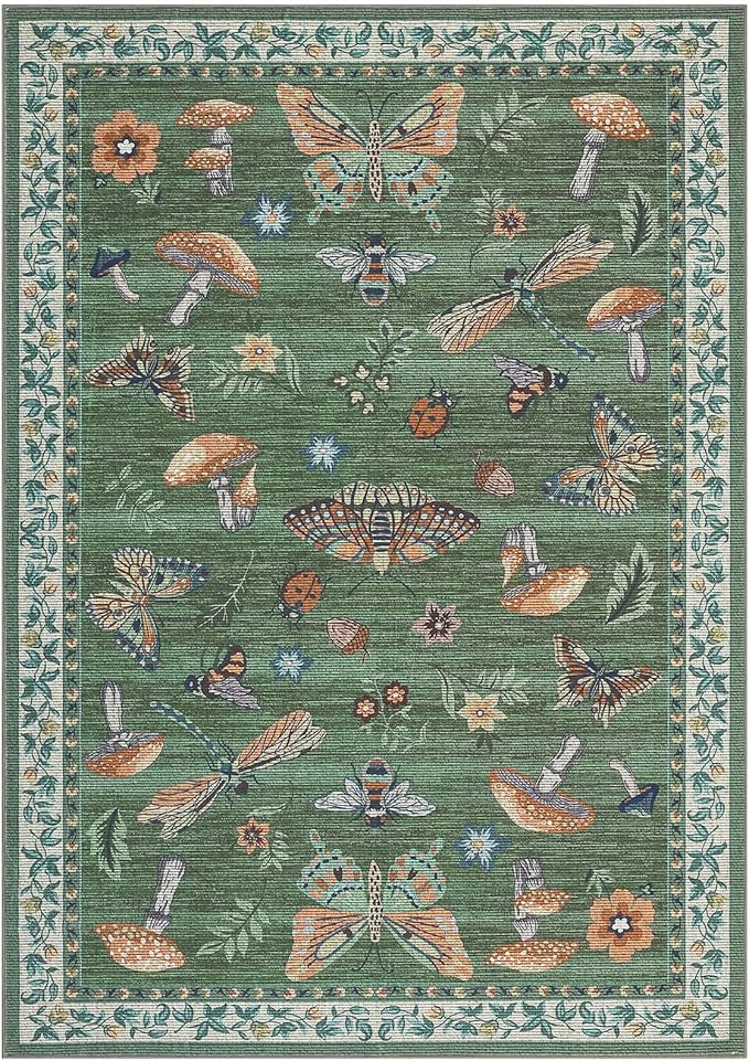 Washable Rug 9x12 Area Rugs for Living Room, Mushroom Insect for Bedroom, 9x12 Rug Non Slip Carpet with Rubber Back, Low Pile Stain Resistant Modern Carpet for Dining Room Dorm, Green