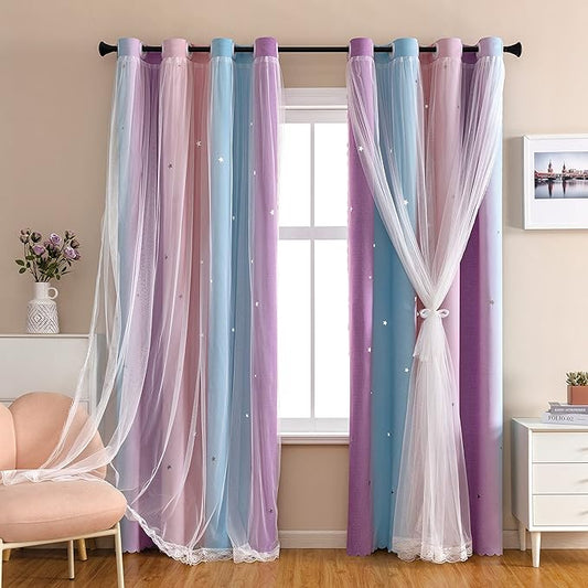 XiDi Dream Star Blackout Curtains for Kids Rooms Girl Princess Curtain for Daughter Bedroom Window (Pink Purple, W52 X L63)