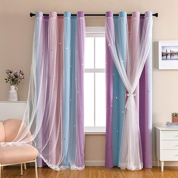 XiDi Dream Star Blackout Curtains for Kids Rooms Girl Princess Curtain for Daughter Bedroom Window (Pink Purple, W52 X L96)