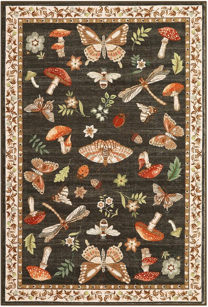 Mushroom Small Rug 2x3 Washable Door Mat Indoor Rugs for Entryway Non-Slip Soft Ultra-Thin Stain Resistant Foldable Rugs Kitchen Bedroom Living Room Brown