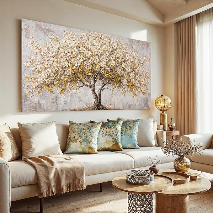 Canvas Wall Art Decor White Tree Of Life Wall Canvas Art For Living Room Pictures Wall Decor Golden Vintage Art Prints Decorative Painting Artwork For Bedroom Office Room Wall Decor 20×40 Inch