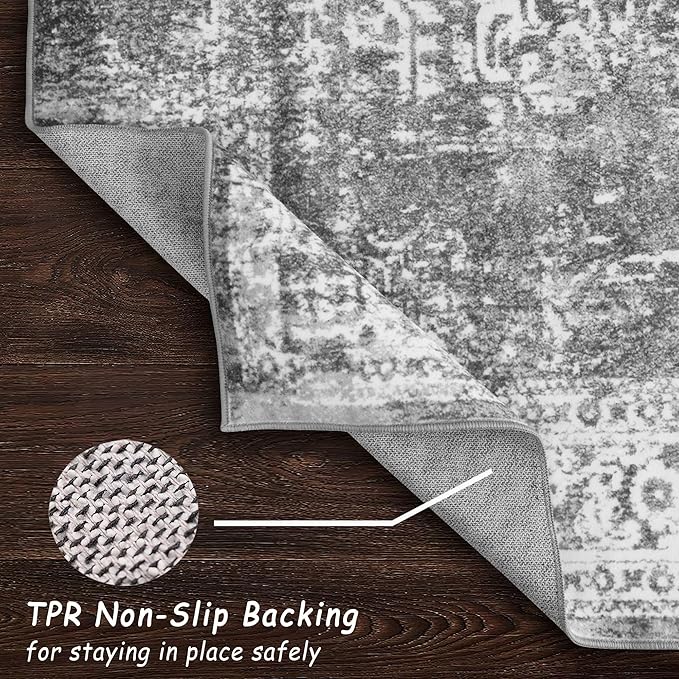 vivorug 3x5 Area Rugs, Stain Resistant Washable Rug for Living Room, Vintage-Inspired Grey Rug