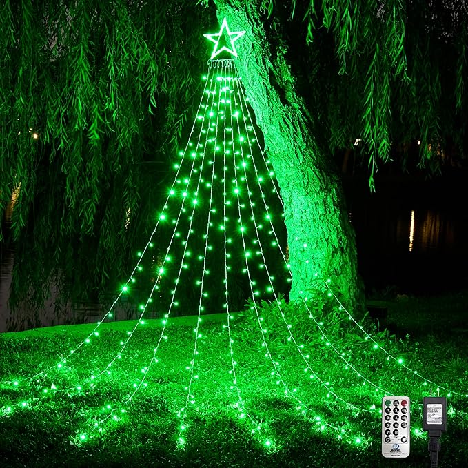 WBao 344 LED Christmas Lights Outdoor Decorations with 12" Star Topper, 11.9ft Waterfall Christmas Lights, Remote Control 8 Modes, 3 Timers, UL Listed Waterproof for Tree Roof Porch Xmas Decor, Green