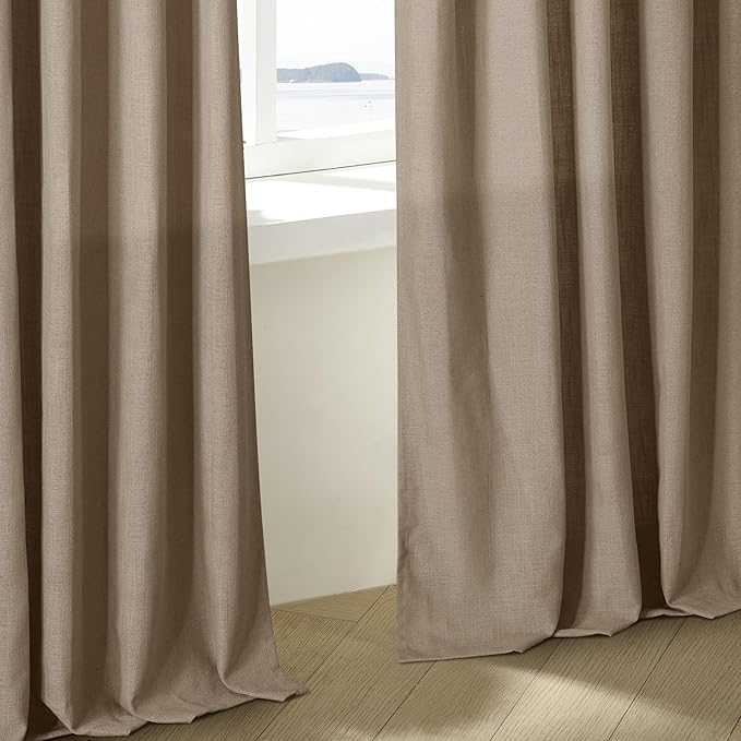 80 Inch Pinch Pleated Linen Curtains 2 Panels for Living Room Bedroom Boho Farmhouse Light Copper Brown Tan Latte Semi Sheer Back Tab Pinch Pleat with Hooks Rings Window Curtain 80 Inches Long