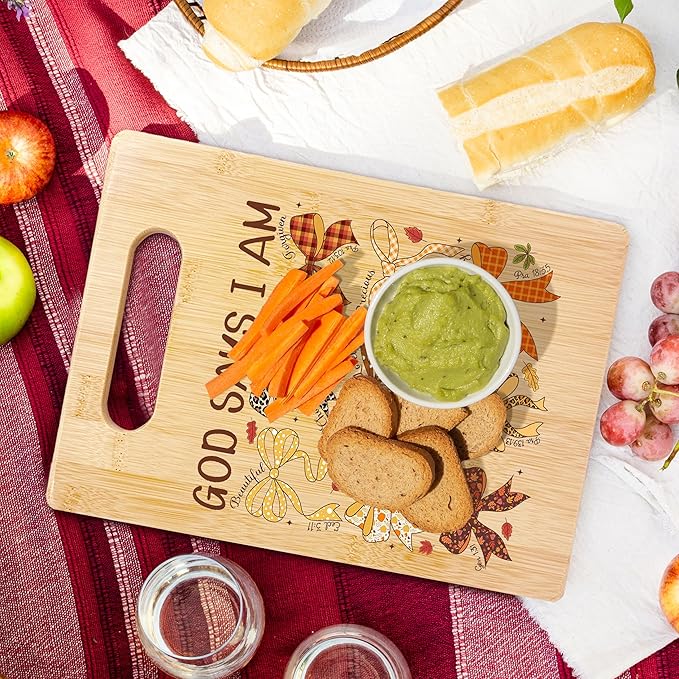 SPBL&L God Says I Am Christian Fall Cutting Board, Christian Kitchen Decor, Coquette Bow Autumn Thanksgiving Decorative Bamboo Cutting Chopping Board for Kitchen