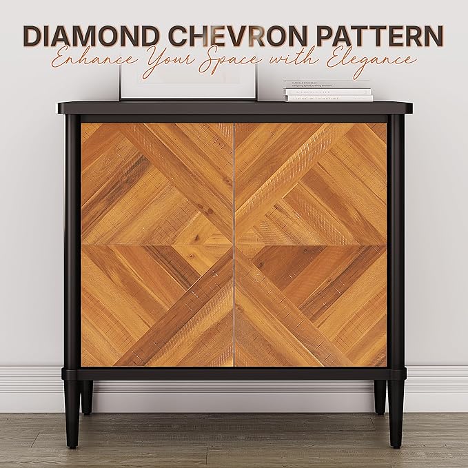 Lenia Solid Wood Storage Cabinet with Diamond Pattern Doors, Rustic Farmhouse Accent Cabinet for Living Room, or Entryway, Easy Assembly, Teak Brown