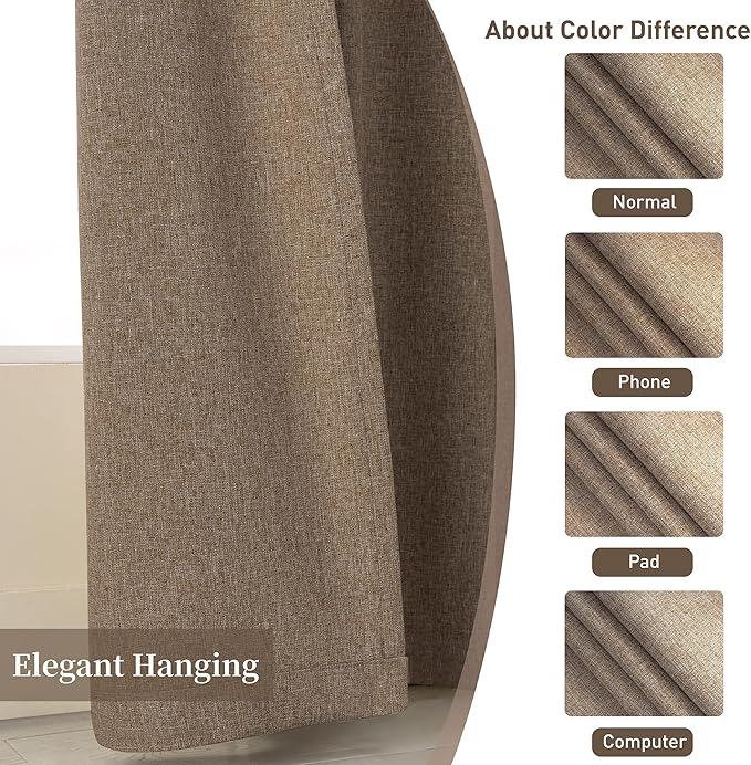100% Blackout Brown Linen Curtains 90 Inches Long for Bedroom, Hook Belt Back Tab Farmhouse Tan Curtains Light Blocking Noise Reducing for Living Room Office, Rustic Privacy Draperies(52x90, 2 PCs）