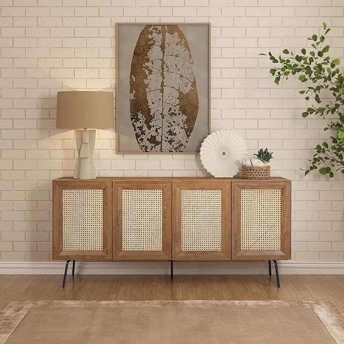 NTC MOSSIC Modern Sideboard with 4 Doors, Natural Rattan Storage Cabinet, Buffet with Metal Legs, Boho Accent Cabinet for Living Room, and Entryway, Effortless Assembly, Teak Look