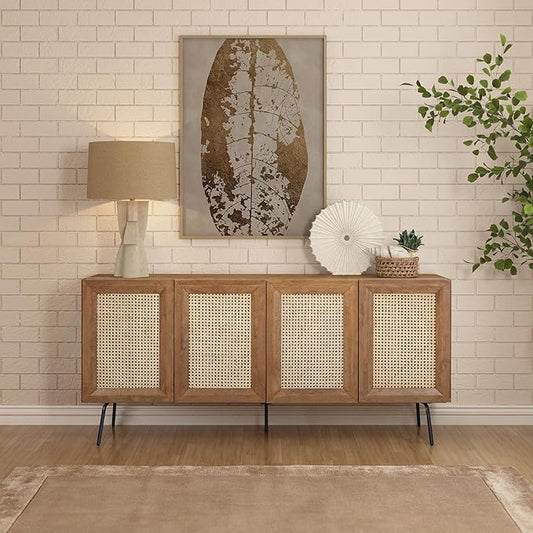 NTC MOSSIC Modern Sideboard with 4 Doors, Natural Rattan Storage Cabinet, Buffet with Metal Legs, Boho Accent Cabinet for Living Room, and Entryway, Effortless Assembly, Teak Look