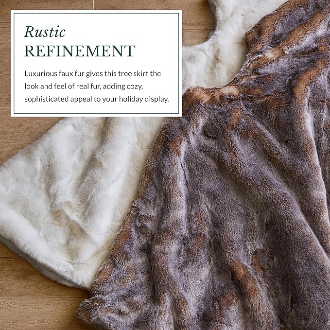 Balsam Hill Lodge Faux Fur Christmas Tree Skirt - Premium Rustic and Luxurious Fur Accents in Brown and Ivory for Tree Decor, Brown, 60"