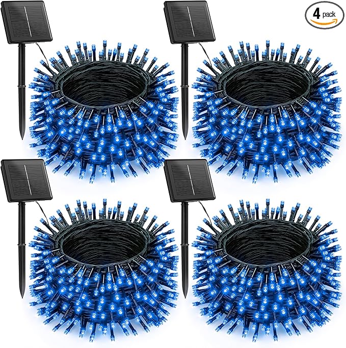 Brightown 4 Pack Solar Christmas Lights Outdoor, Total 184FT 480 LED Solar String Lights Outdoor Waterproof Green Wire with 8 Modes, Solar Fairy Light for Garden Yard Patio Party Decors, Blue