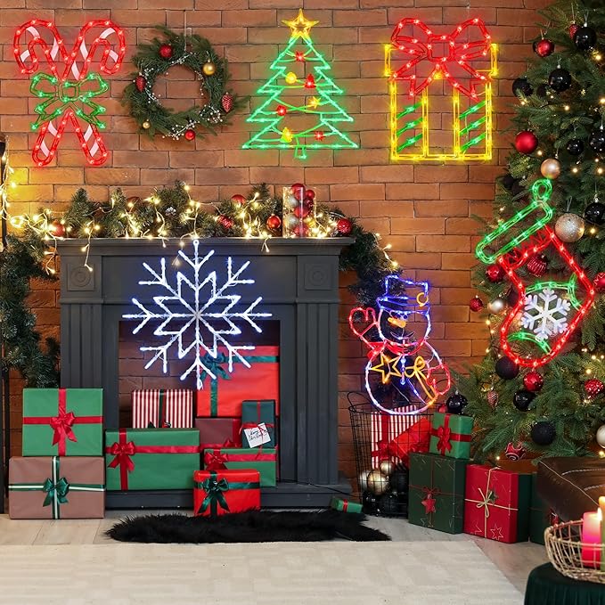 16" Christmas Window Silhouette Lights - 6 Pack Colour Lighted Snowflake, Gift Box, Christmas Tree, Christmas Stocking, Snowman, Candy Cane for Holiday Indoor and Outdoor Wall Door Window Decorate