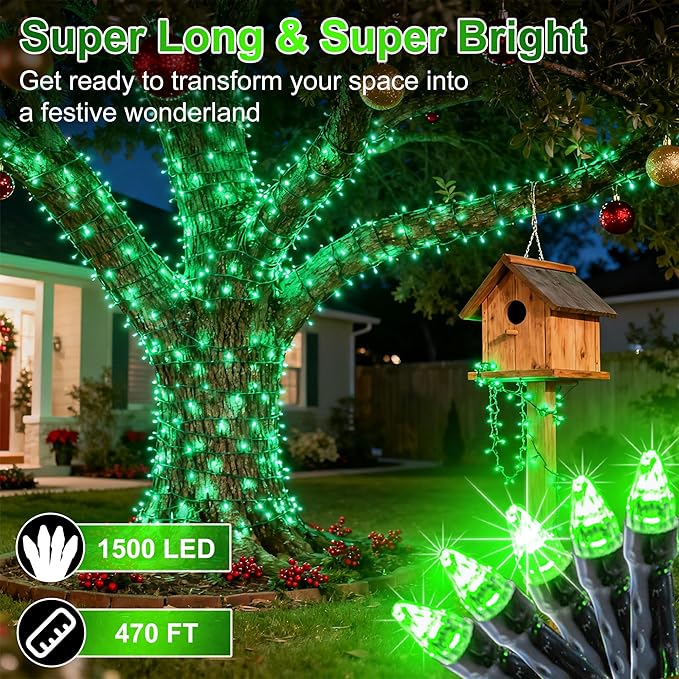 1500 LED 470FT Christmas String Lights Outdoor, 12 Pro Modes and Timer Memory & Brightness, Plug in Waterproof Dark Green Wire Twinkle Light for for Xmas Yard Tree Wedding Party Decor (Green)