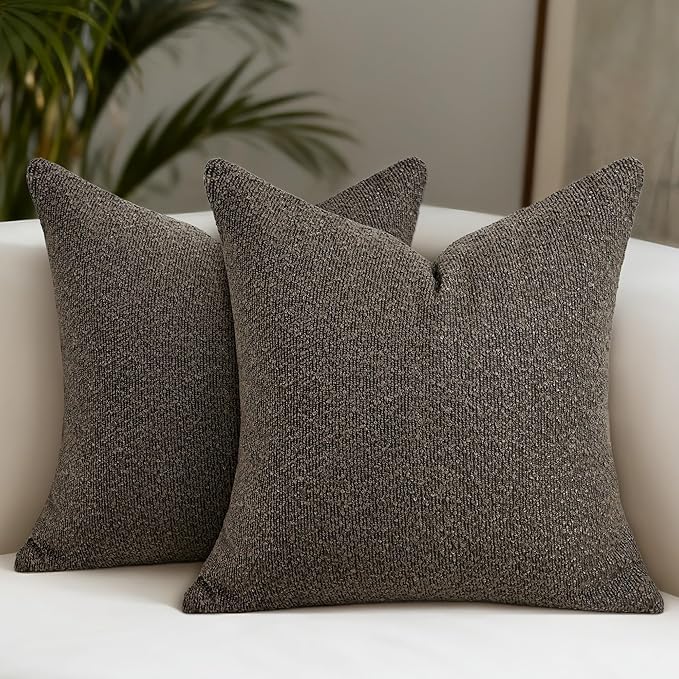 Textured Boucle Pillow Covers 18x18 Inch Set of 2, Striped Solid Pillowcases Cozy Soft Modern Accent Boho Square Decorative Throw Pillows for Couch Sofa Bed Living Room Home Decor, Brown