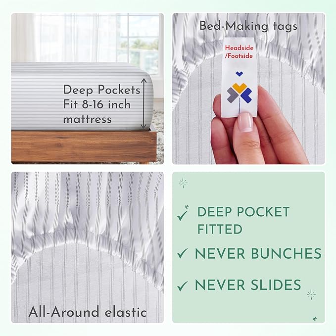 California Design Den King Size Sheet Set - 100% Cotton, 600 Thread Count, Deep Pocket King Sheets, Premium-Feel Bedding with Sateen Weave - Ticking Stripe Pattern