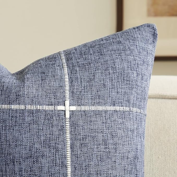 2 Packs Grid Embroidery Throw Pillow Covers, 22x22 Inch Navy Blue, Farmhouse Linen Decorative Navy Blue Cushion Covers for Sofa Bed Living Room Home Decor