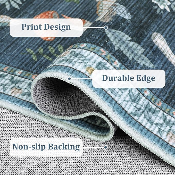 Area Rugs 4x6 Non-Slip Washable Carpet - Mushroom Soft Low-Pile Stain Resistant Foldable Rug for Nursery Kitchen Bedroom Living Room Entryway Indoor Mat with Rubber Back Blue